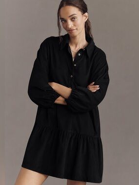 Maeve Bettina Corduroy Mini Shirt Dress XS Black Tiered Collared Anthropologie